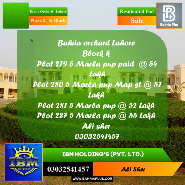 5 Marla Residential Plot for Sale in Phase 2 - K Block -  Bahria Orchard, Lahore - (BP-346878)