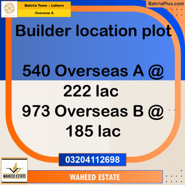 10 Marla Residential Plot for Sale in Overseas A -  Bahria Town, Lahore - (BP-346936)