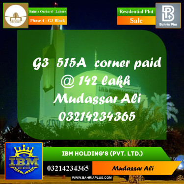 20 Marla Residential Plot for Sale in Phase 4 - G3 Block -  Bahria Orchard, Lahore - (BP-347491)