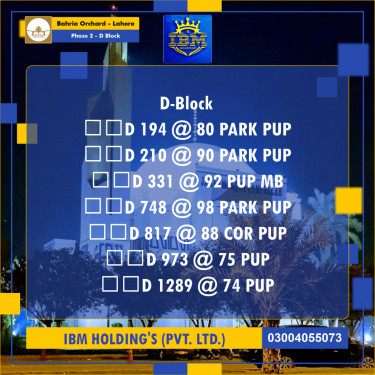 8 Marla Residential Plot for Sale in Phase 2 - D Block -  Bahria Orchard, Lahore - (BP-347764)