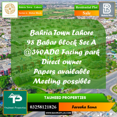 1 Kanal Residential Plot for Sale in Sector A - Babar Block -  Bahria Town, Lahore - (BP-347849)