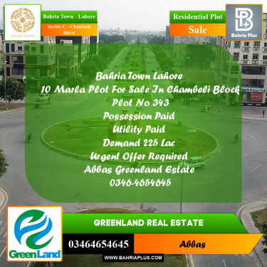 10 Marla Residential Plot for Sale in Sector C - Chambeli Block -  Bahria Town, Lahore - (BP-347910)