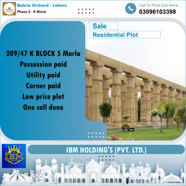 5 Marla Residential Plot for Sale in Phase 2 - K Block -  Bahria Orchard, Lahore - (BP-347945)