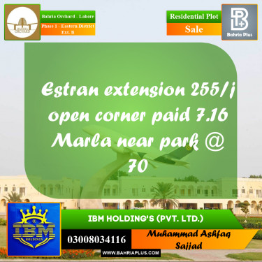 7.16 Marla Residential Plot for Sale in Phase 1 - Eastern District Ext. II -  Bahria Orchard, Lahore - (BP-348022)