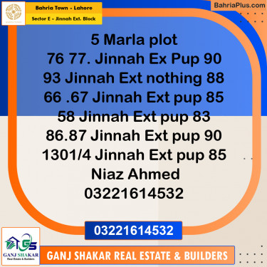 5 Marla Residential Plot for Sale in Sector E - Jinnah Ext. Block -  Bahria Town, Lahore - (BP-348390)
