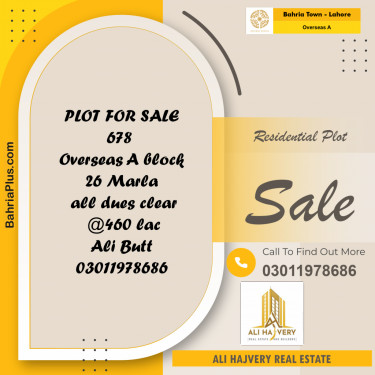 26 Marla Residential Plot for Sale in Overseas A -  Bahria Town, Lahore - (BP-348413)