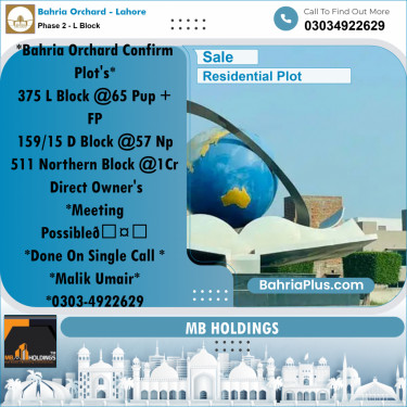 5 Marla Residential Plot for Sale in Phase 2 - L Block -  Bahria Orchard, Lahore - (BP-348529)