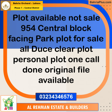 10 Marla Residential Plot for Sale in Phase 1 - Central District -  Bahria Orchard, Lahore - (BP-348643)