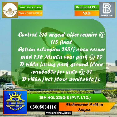 10 Marla Residential Plot for Sale in Phase 1 - Central District -  Bahria Orchard, Lahore - (BP-348727)