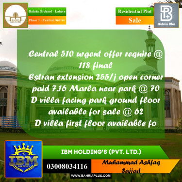 10 Marla Residential Plot for Sale in Phase 1 - Central District -  Bahria Orchard, Lahore - (BP-348917)