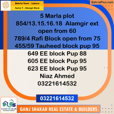 5 Marla Residential Plot for Sale in Sector F - Alamgir Block -  Bahria Town, Lahore - (BP-349144)
