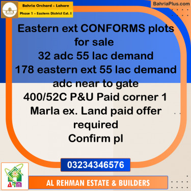 5 Marla Residential Plot for Sale in Phase 1 - Eastern District Ext. I -  Bahria Orchard, Lahore - (BP-349308)