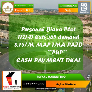 9 Marla Residential Plot for Sale in Phase 2 - D Ext -  Bahria Orchard, Lahore - (BP-349388)