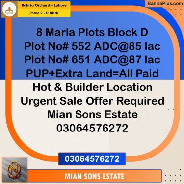8 Marla Residential Plot for Sale in Phase 2 - D Block -  Bahria Orchard, Lahore - (BP-349482)