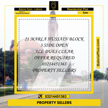 21 Marla Residential Plot for Sale in Sector C - Nargis/Hussain Block -  Bahria Town, Lahore - (BP-349508)