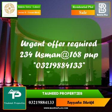 8 Marla Residential Plot for Sale in Sector B - Usman Block -  Bahria Town, Lahore - (BP-349523)