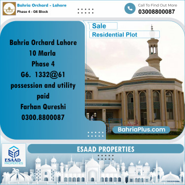 10 Marla Residential Plot for Sale in Phase 4 - G6 Block -  Bahria Orchard, Lahore - (BP-349695)