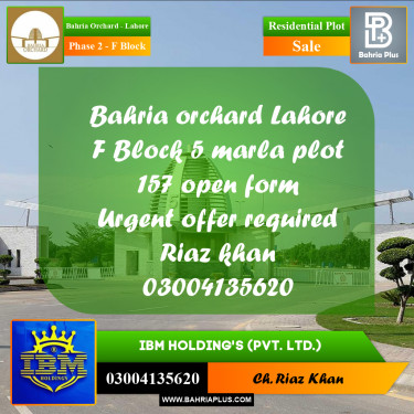 5 Marla Residential Plot for Sale in Phase 2 - F Block -  Bahria Orchard, Lahore - (BP-350162)