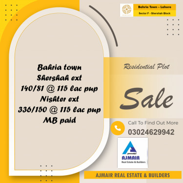 5 Marla Residential Plot for Sale in Sector F - Shershah Block -  Bahria Town, Lahore - (BP-350166)