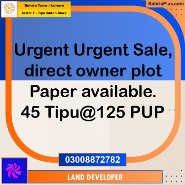 10 Marla Residential Plot for Sale in Sector F - Tipu Sultan Block -  Bahria Town, Lahore - (BP-350384)