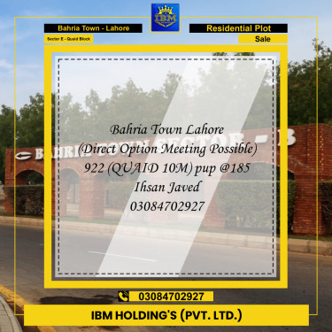 10 Marla Residential Plot for Sale in Sector E - Quaid Block -  Bahria Town, Lahore - (BP-350493)