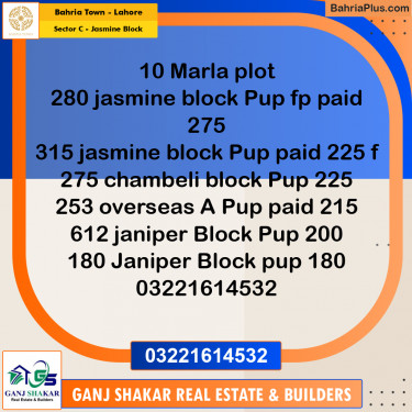 10 Marla Residential Plot for Sale in Sector C - Jasmine Block -  Bahria Town, Lahore - (BP-350945)