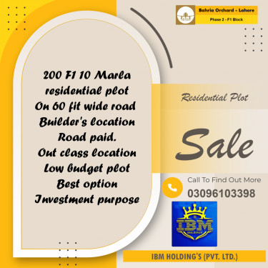 10 Marla Residential Plot for Sale in Phase 2 - F1 Block -  Bahria Orchard, Lahore - (BP-351303)