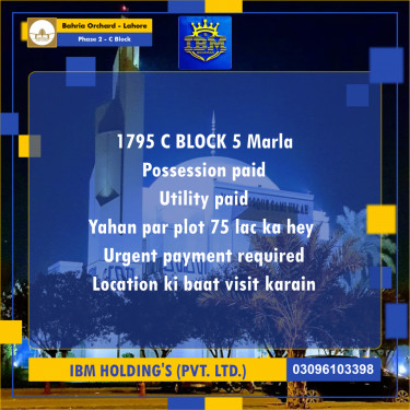 5 Marla Residential Plot for Sale in Phase 2 - C Block -  Bahria Orchard, Lahore - (BP-351328)