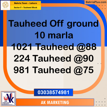 10 Marla Residential Plot for Sale in Sector F - Tauheed Block -  Bahria Town, Lahore - (BP-351524)