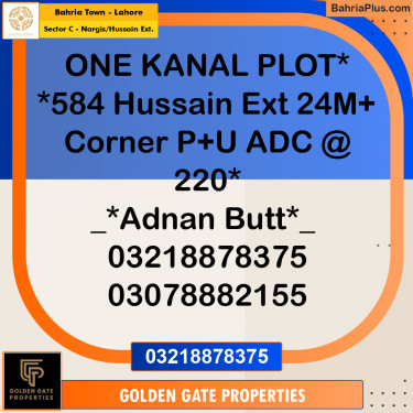 1 Kanal Residential Plot for Sale in Sector C - Nargis/Hussain Ext. -  Bahria Town, Lahore - (BP-351609)