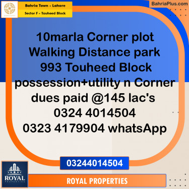 Residential Plot for Sale in Sector F - Tauheed Block -  Bahria Town, Lahore - (BP-351655)