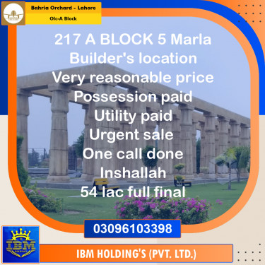 5 Marla Residential Plot for Sale in OLC-A Block -  Bahria Orchard, Lahore - (BP-351663)