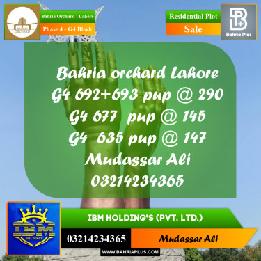 20 Marla Residential Plot for Sale in Phase 4 - G4 Block -  Bahria Orchard, Lahore - (BP-351739)