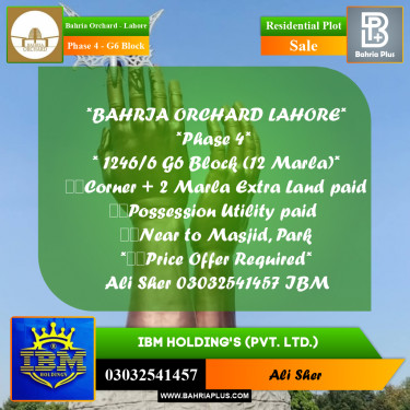 12 Marla Residential Plot for Sale in Phase 4 - G6 Block -  Bahria Orchard, Lahore - (BP-351749)