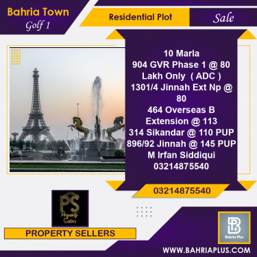 10 Marla Residential Plot for Sale in Golf Phase 1 -  Bahria Town, Lahore - (BP-352116)