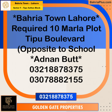 10 Marla Residential Plot for Sale in Sector F - Tipu Sultan Block -  Bahria Town, Lahore - (BP-352208)