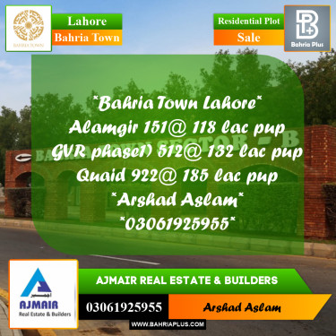 Residential Plot for Sale in Bahria Town, Lahore - (BP-352900)