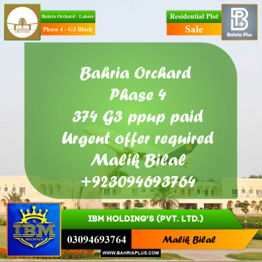10 Marla Residential Plot for Sale in Phase 4 - G3 Block -  Bahria Orchard, Lahore - (BP-353178)