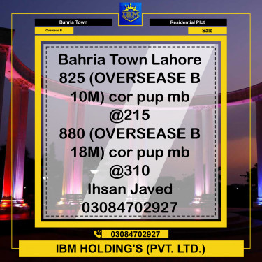 10 Marla Residential Plot for Sale in Overseas B -  Bahria Town, Lahore - (BP-353265)