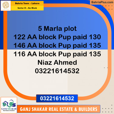5 Marla Residential Plot for Sale in Sector D - AA Block -  Bahria Town, Lahore - (BP-353569)