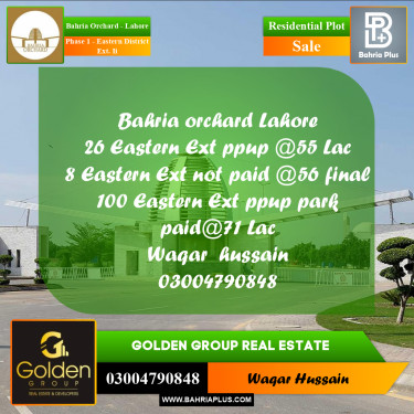 5 Marla Residential Plot for Sale in Phase 1 - Eastern District Ext. II -  Bahria Orchard, Lahore - (BP-353752)