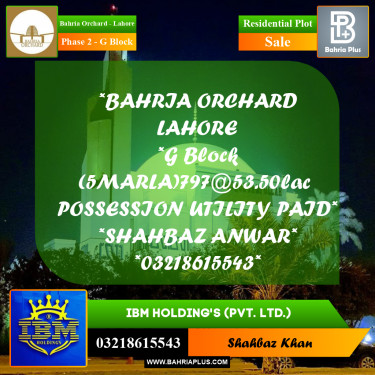 5 Marla Residential Plot for Sale in Phase 2 - G Block -  Bahria Orchard, Lahore - (BP-353843)