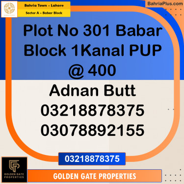 1 Kanal Residential Plot for Sale in Sector A - Babar Block -  Bahria Town, Lahore - (BP-353891)