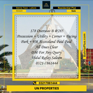 19 Marla Residential Plot for Sale in Overseas B -  Bahria Town, Lahore - (BP-354044)