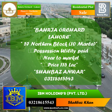 10 Marla Residential Plot for Sale in Phase 1 - Northern District -  Bahria Orchard, Lahore - (BP-354825)