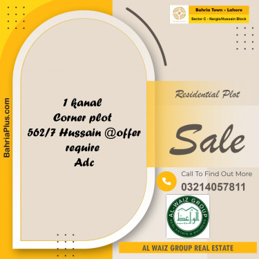 1 Kanal Residential Plot for Sale in Sector C - Nargis/Hussain Block -  Bahria Town, Lahore - (BP-354890)