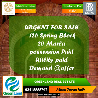 20 Marla Residential Plot for Sale in Sector B - Bahria Springs -  Bahria Town, Lahore - (BP-355024)