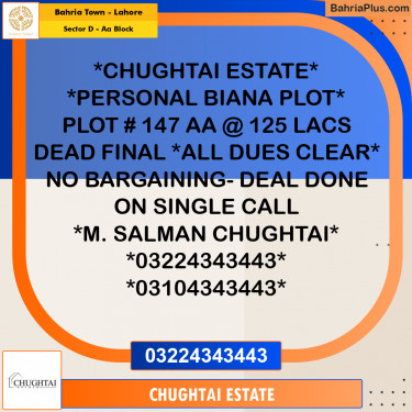 5 Marla Residential Plot for Sale in Sector D - AA Block -  Bahria Town, Lahore - (BP-355168)