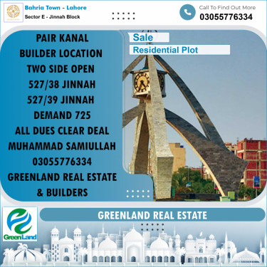 1 Kanal Residential Plot for Sale in Sector E - Jinnah Block -  Bahria Town, Lahore - (BP-355289)