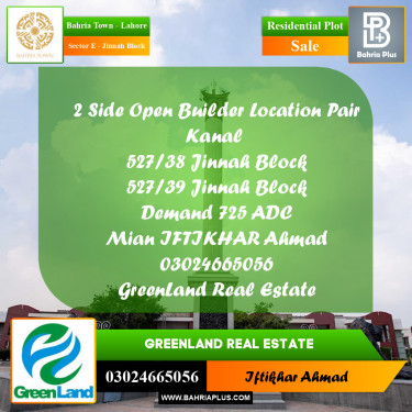2 Kanal Residential Plot for Sale in Sector E - Jinnah Block -  Bahria Town, Lahore - (BP-355338)